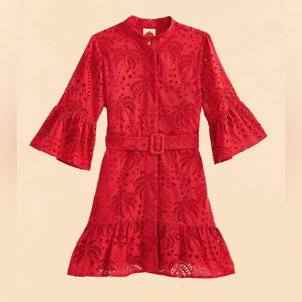 Farm Rio Red Palm Tree Mini Dress Eyelet Belted Size L NWT - Picture 12 of 15